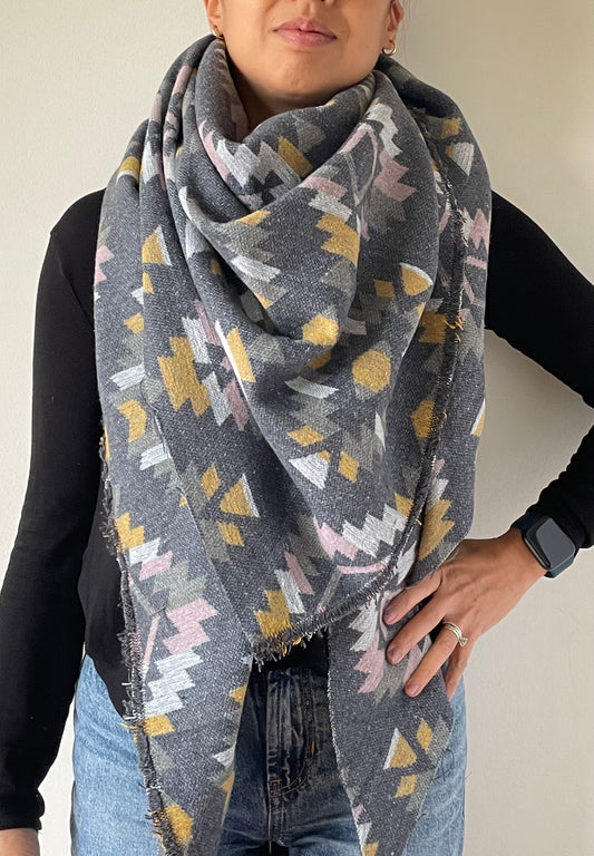 Olive, pink, yellow and grey Triangle Scarf
