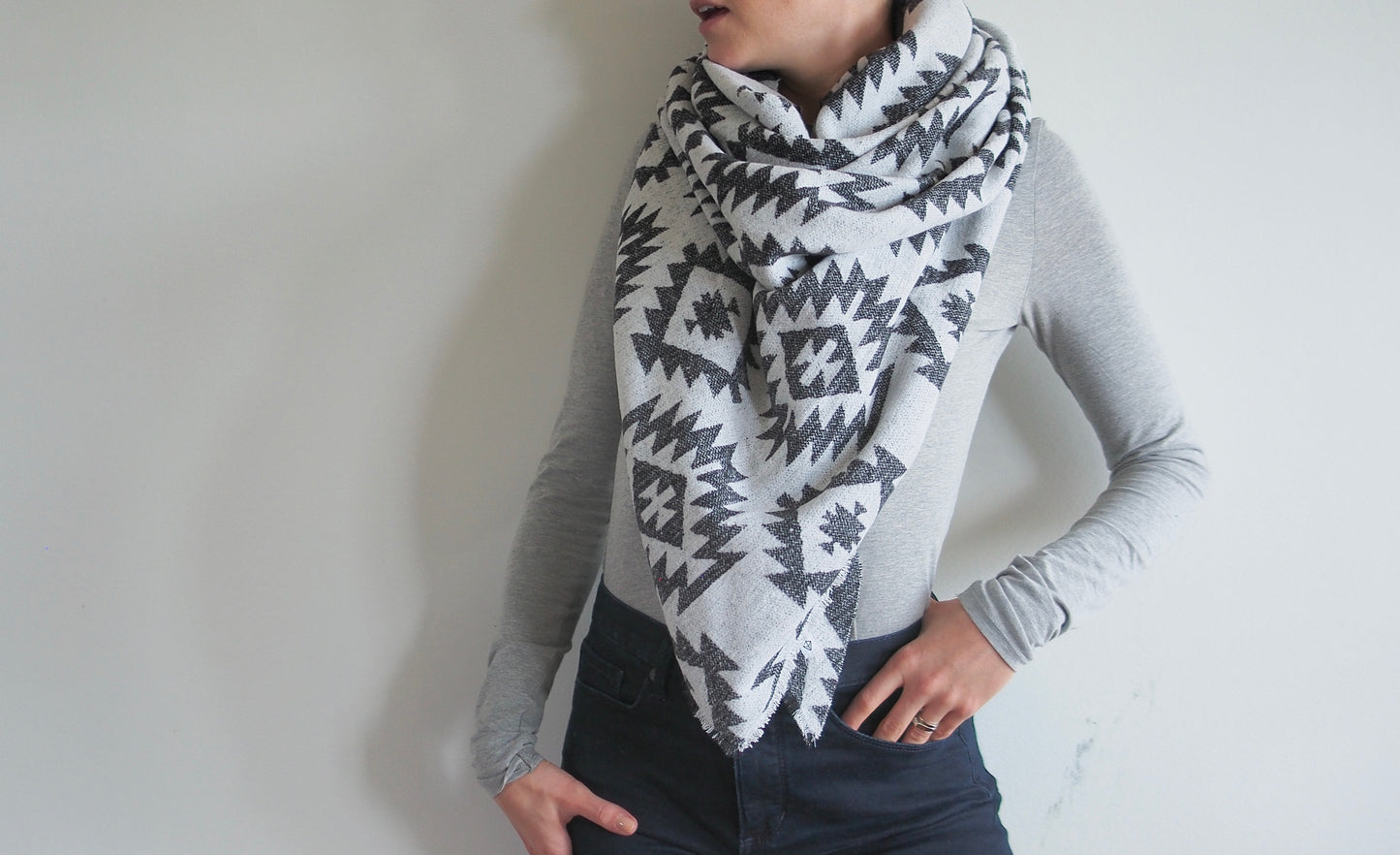 White and Grey Southwest Print Triangle Scarf